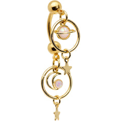 White Synthetic Opal Gold Tone Saturn Moon Double Mount Belly Ring