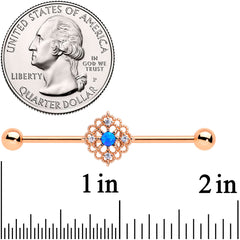14G Blue Synth Opal Rose Gold Tone Lacy Industrial Barbell 38mm