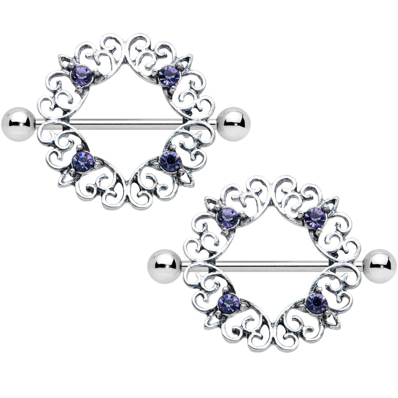 14G 9/16 Purple Gem Filigree Valentines Day Nipple Shield Set