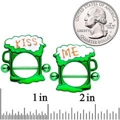 14G 9/16 Green Kiss Me St Patricks Day Beer Nipple Shield Set