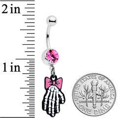 Pink Gem Skeleton Hand Bow Halloween Dangle Belly Ring
