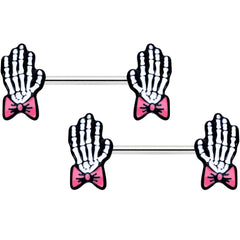14G 9/16 Skeleton Hand Bow Halloween Barbell Nipple Ring Set