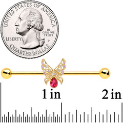 14G Clear Red Gem Gold Hue Lacy Butterfly Industrial Barbell 38mm
