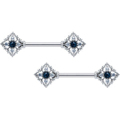 14G 9/16 Clear Blue Gem Textured Rhombus Cross Nipple Ring Set