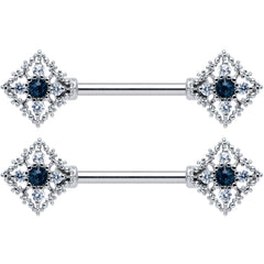 14G 9/16 Clear Blue Gem Textured Rhombus Cross Nipple Ring Set