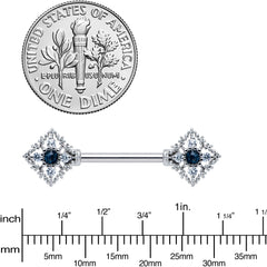 14G 9/16 Clear Blue Gem Textured Rhombus Cross Nipple Ring Set
