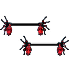 14G Red Gem Black Creep Spider Halloween Barbell Nipple Ring Set