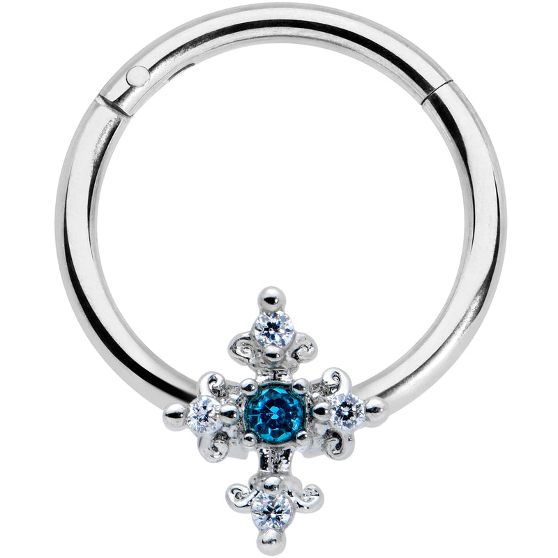 16G 3/8 Clear Blue Gem Renaissance Cross Hinged Segment Ring