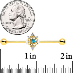 14G Clear Blue Gem Gold Tone Royal Heart Industrial barbell 38mm