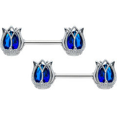14G 9/16 Blue Gem Tulip Flower Barbell Nipple Ring Set