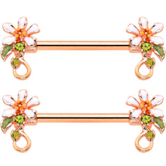 14G 9/16 Green Gem Rose Gold Tone Orange Flower Nipple Ring Set