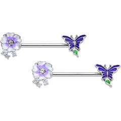 14G 9/16 Clear CZ Gem Flower Blue Butterfly Nipple Ring Set