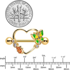 14G 9/16 Clear CZ Gem Gold Tone Butterfly Heart Nipple Shield Set