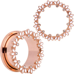 Clear Gem Rose Gold Tone White Leaves Screw Fit Tunnel Plug Set