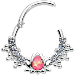 16G 3/8 Pink Faux Opal Stylized Lotus Hinged Segment Ring