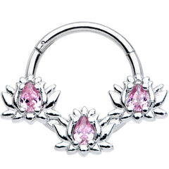 16G 3/8 Pink CZ Gem Triple Lotus Hinged Segment Ring