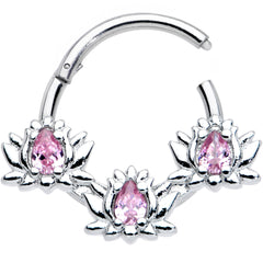 16G 3/8 Pink CZ Gem Triple Lotus Hinged Segment Ring