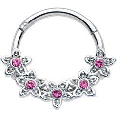 16G 3/8 Pink Gem Foxy Floral Hinged Segment Ring