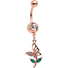 Clear Gem Rose Gold Tone Perching Floral Butterfly Dangle Belly Ring