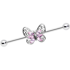 14G Pink Gem Lacy Butterfly Industrial Barbell 38mm