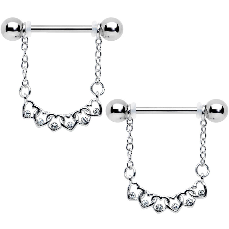 14G 9/16 Clear Gem Link Heart Valentine Dangle Nipple Ring Set