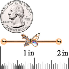 14G Jeweled Rose Gold Tone Fancy Butterfly Industrial Barbell 38mm