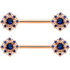 14G 9/16 Blue Gem Rose Gold Tone Wicked Web Nipple Ring Set