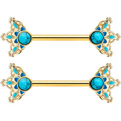 14G 9/16 Blue Turquoise Gold Tone Opulent Bloom Nipple Ring Set