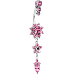 Pink Gem Triple Top Double Flower Drop Dangle Belly Ring