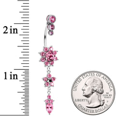 Pink Gem Triple Top Double Flower Drop Dangle Belly Ring