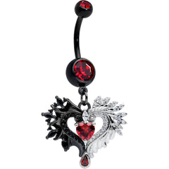 Red CZ Gem Black Elegant Winged Heart Valentines Day Dangle Belly Ring