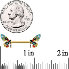 14G 9/16 Red Blue Gem Gold Tone Multi Butterfly Nipple Ring Set