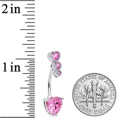 Pink CZ Gem Triple Heart Drop Heart Valentines Day Belly Ring