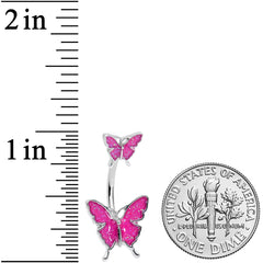 Pink Double Butterfly Glitter Wings Double Mount Belly Ring