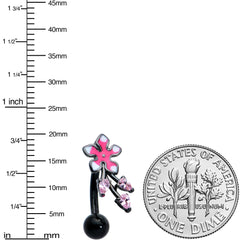 Pink Gem Black Fanciful Flower Top Mount Belly Ring