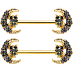 14G 5/8 Aurora Gem Gold Tone Owl Moon Barbell Nipple Ring Set