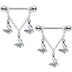 14G 9/16 Clear Gem Open Butterfly Chain Dangle Nipple Ring Set