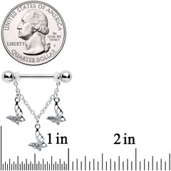 14G 9/16 Clear Gem Open Butterfly Chain Dangle Nipple Ring Set