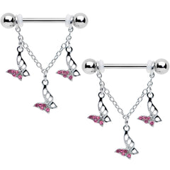 14G 9/16 Pink Gem Open Butterfly Chain Dangle Nipple Ring Set