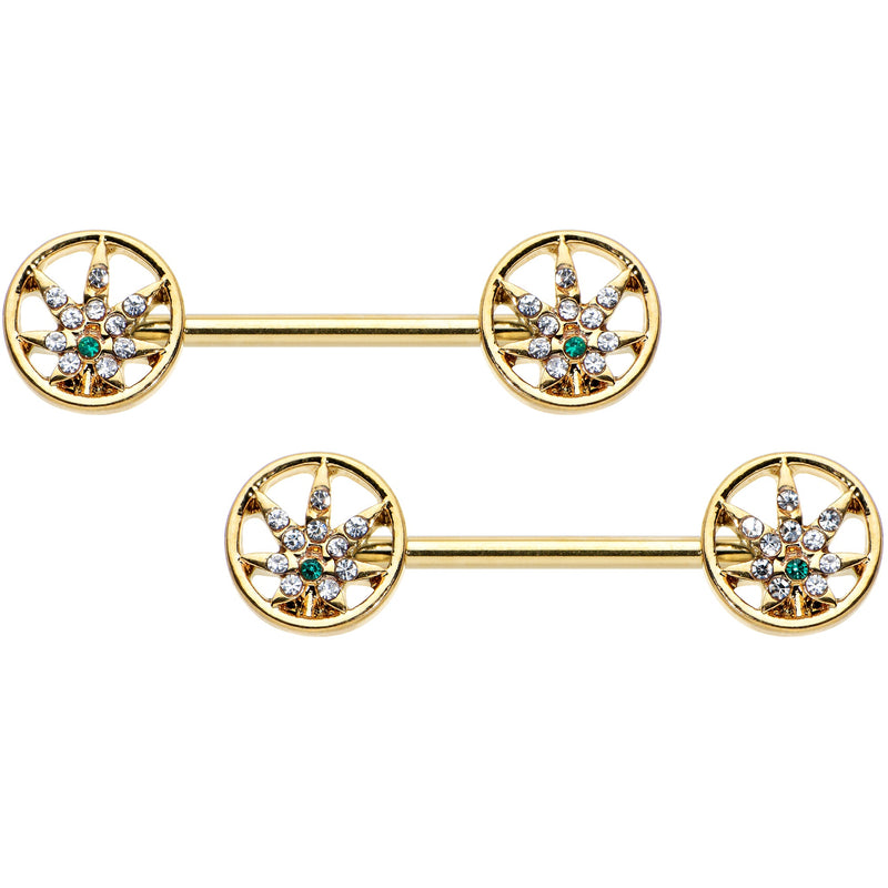 14G 9/16 Clear Green Gem Gold Hue Pot Leaf Circle Nipple Ring Set