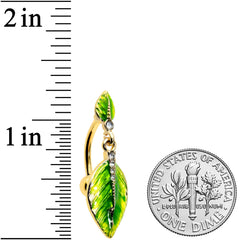 Clear Gem Gold Tone Lush Green Leaves Top Mount Belly Ring