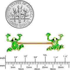 14G 9/16 Gold Tone Green Tree Frog Barbell Nipple Ring Set