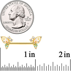 14G 9/16 Clear CZ Gem Gold Hue Abstract Butterfly Nipple Ring Set