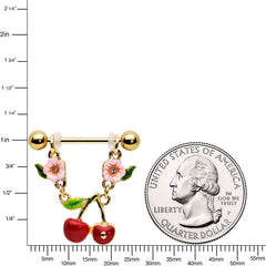 14G 9/16 Clear Gem Gold Tone Cherry Fruit Dangle Nipple Ring Set