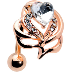 Clear Gem Rose Gold Tone Swirls Heart Top Mount Belly Ring