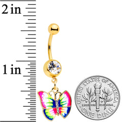 Clear Gem Gold Tone Bright Rainbow Butterfly Dangle Belly Ring