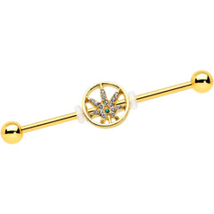 14G Clear Gem Gold Tone Pot Leaf Circle Industrial Barbell 38mm