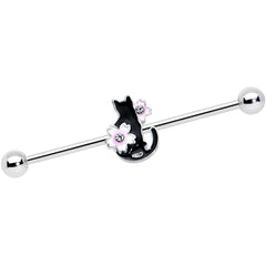 14G Pink Gem Black Cat White Flower Industrial Barbell 38mm