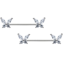 14G 9/16 Clear CZ Gem Butterflies Barbell Nipple Ring Set