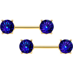 14G 9/16 Blue Gem Gold Tone Simply Elegant Nipple Ring Set